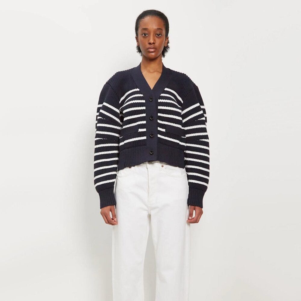 Sacai Horizontal Stripe Knit Cardigan in Navy, size Small